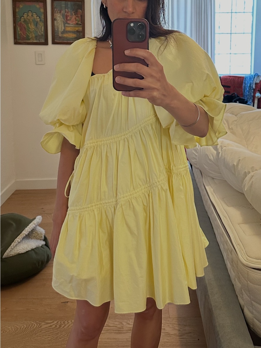 Aje Light Yellow Puff-Sleeve Tiered Dress - Picture 2 of 2